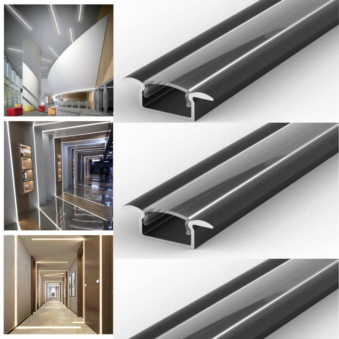 Profil Banda LED Incastrabil Negru Plat XL cu Dispersor Negru 2M