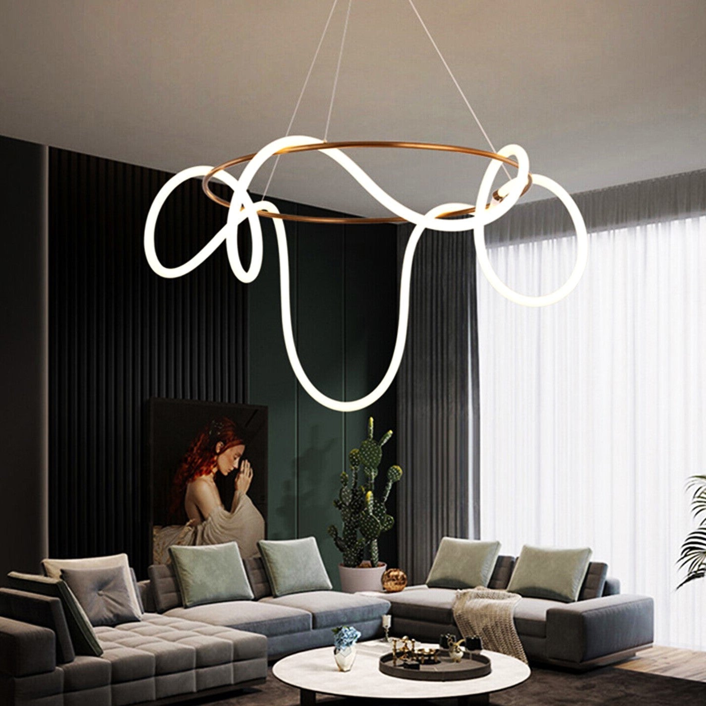 Lustra Led Nordic Golden Tube Echivalent 400W Telecomanda Lighting Fixtures