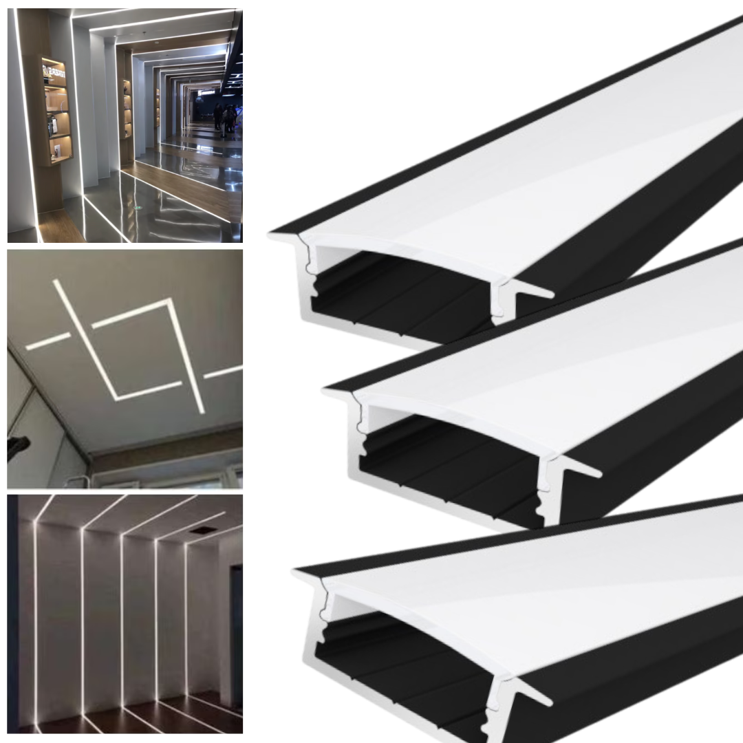 Profil Banda LED Incastrabil Negru Plat XL cu Dispersor Alb Mat 2M