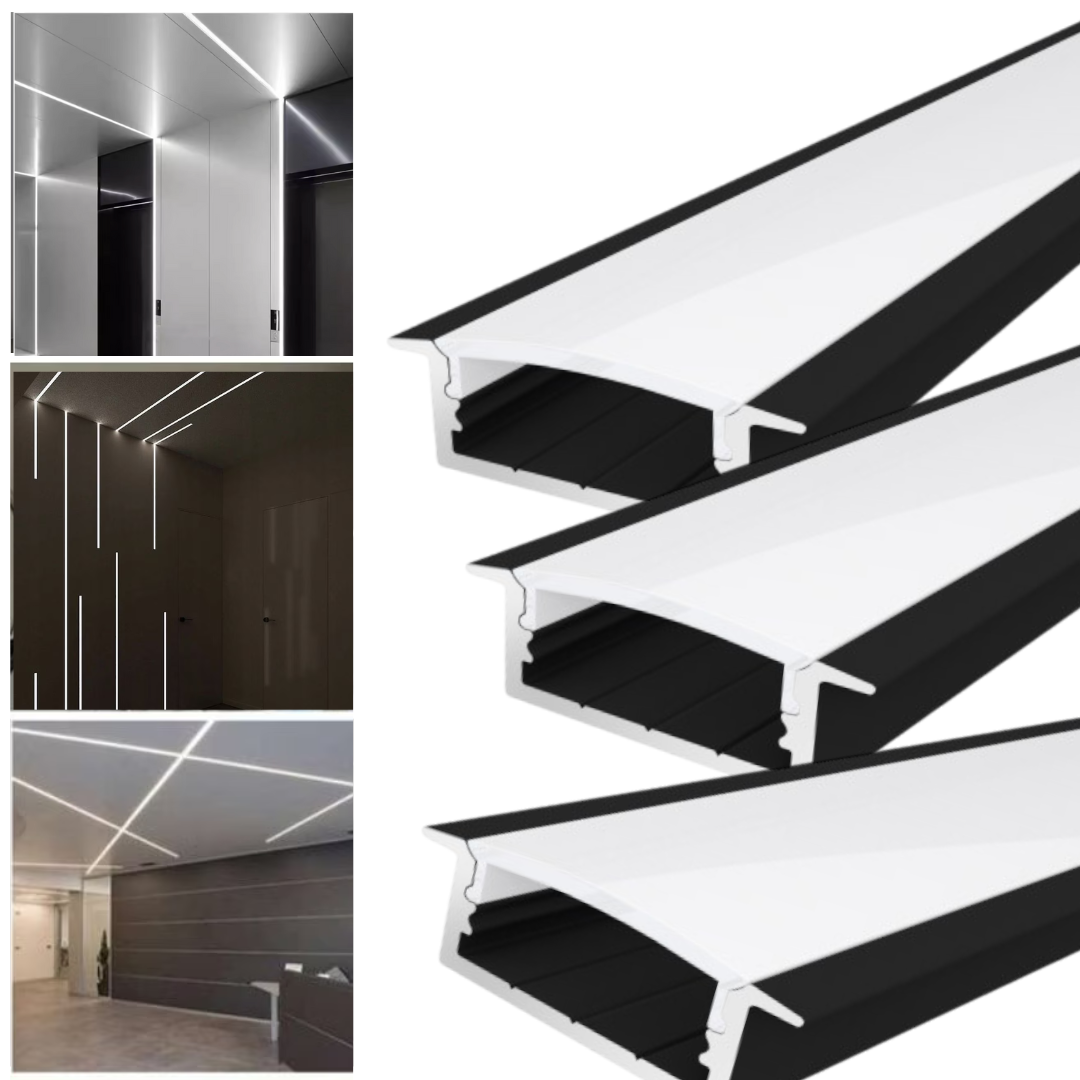 Profil Banda LED Incastrabil Negru Plat XL cu Dispersor Alb Mat 2M