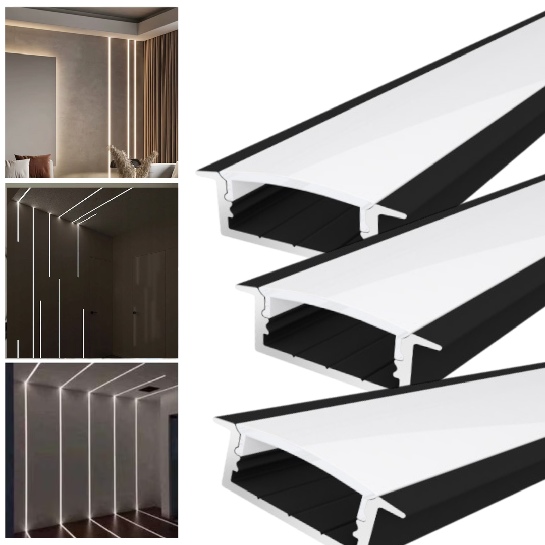 Profil Banda LED Incastrabil Negru Plat XL cu Dispersor Alb Mat 2M