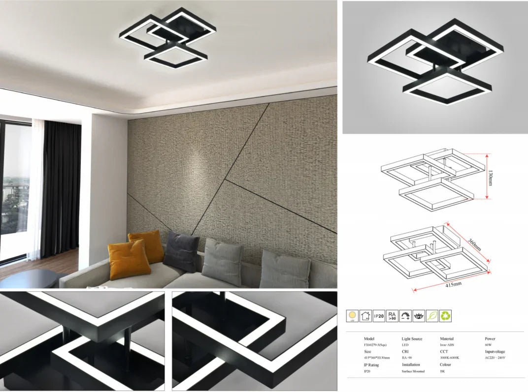 Lustra LED Modern 3 Square Black Echivalent 300W Telecomanda