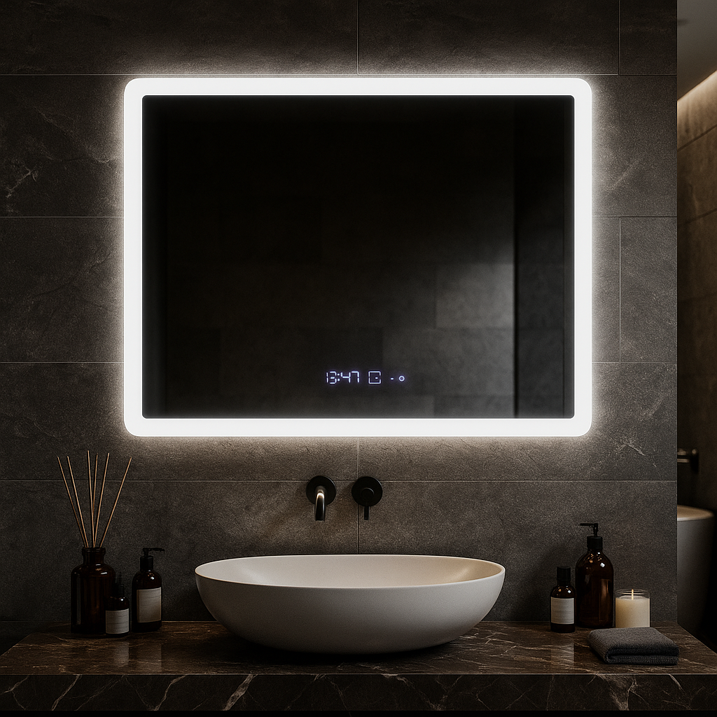 Oglinda LED Obra 80x60cm, SENZOR, 3 Lumini, Dezaburire, Dimare, Ceas si Termometru