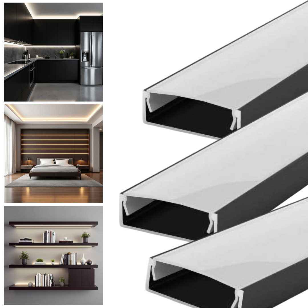 Profil Banda LED Aplicat Negru Plat XL Dispersor Alb Mat 2M