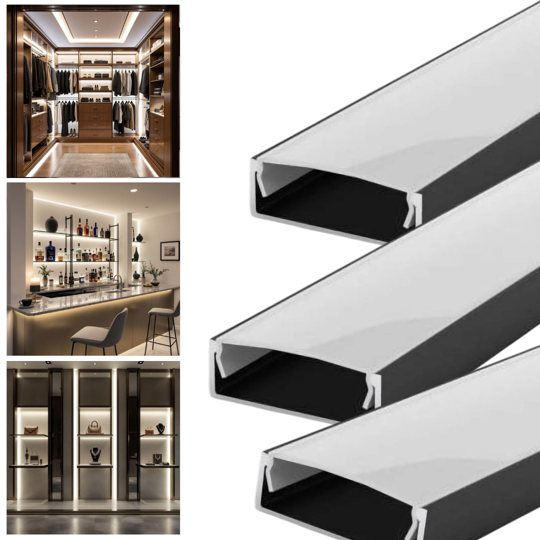 Profil Banda LED Aplicat Negru Plat XL Dispersor Alb Mat 2M