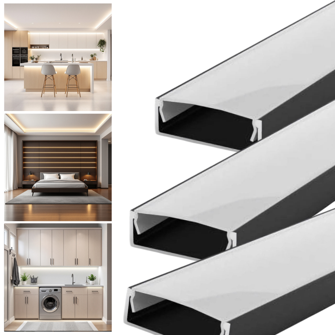 Profil Banda LED Aplicat Negru Plat XL Dispersor Alb Mat 2M
