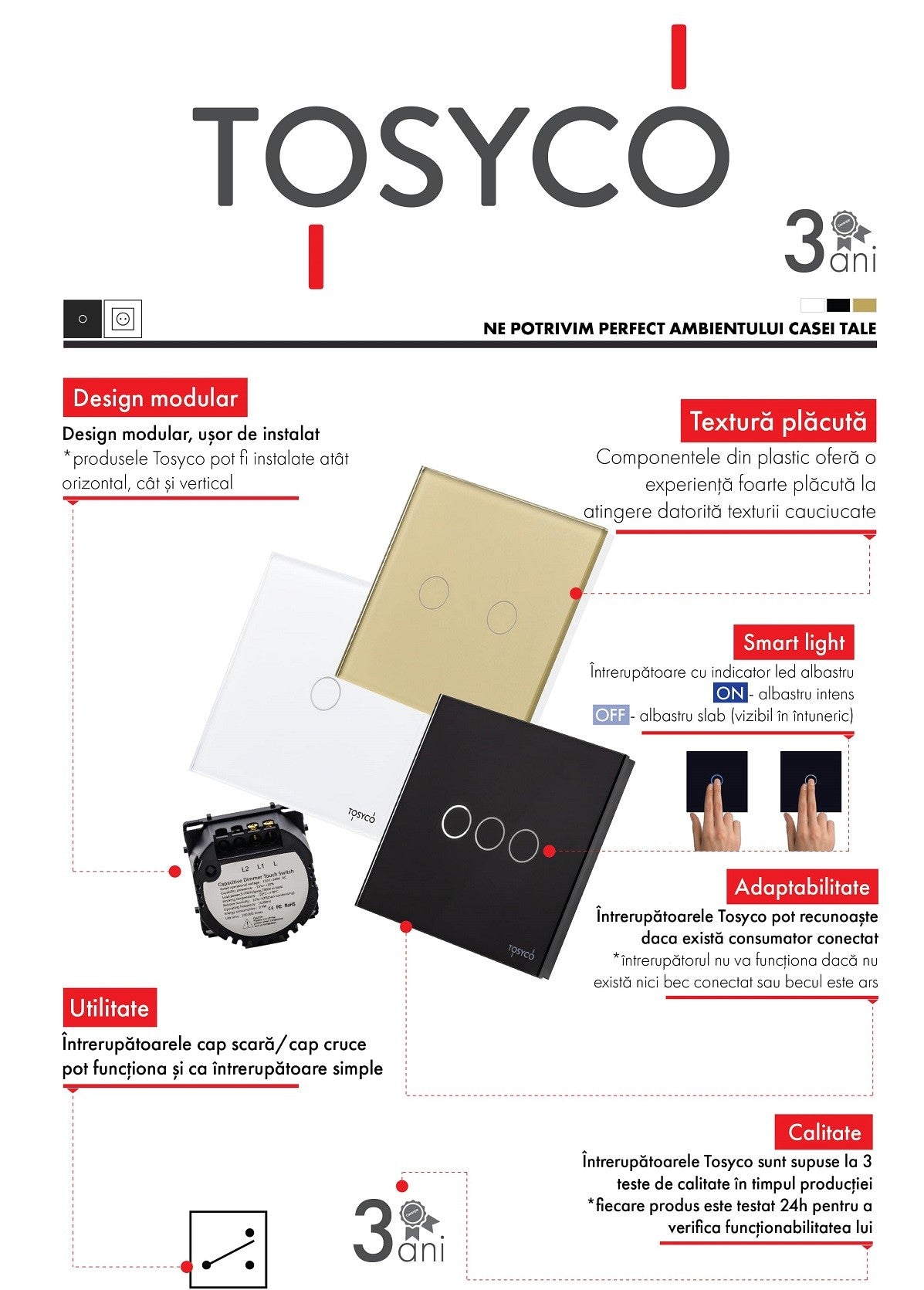 Intrerupator cap scara - cruce dublu  cu touch din sticla