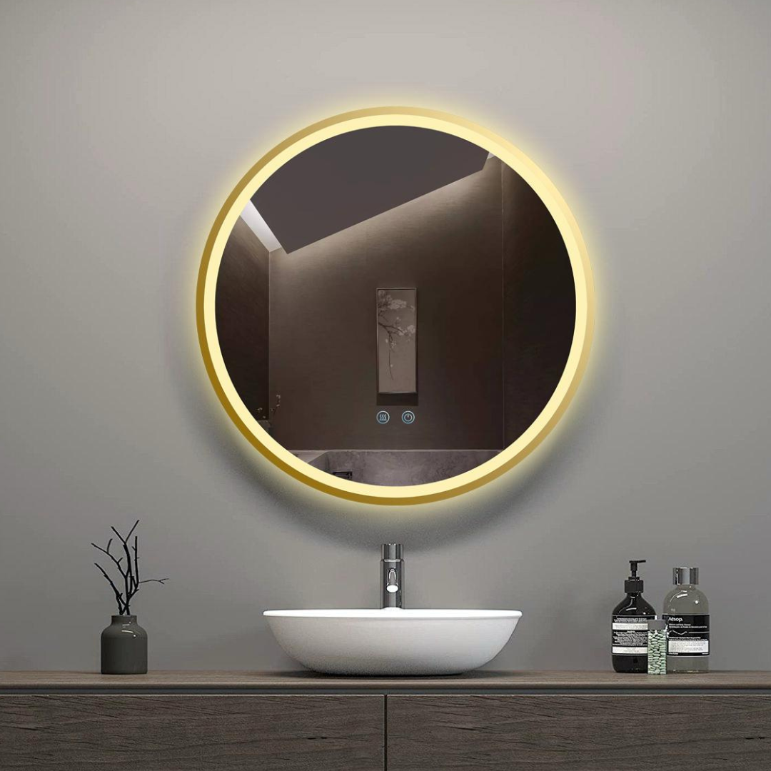 Oglinda LED Rotunda 60cm Aurie cu Touch Dezaburire si 3 Lumini