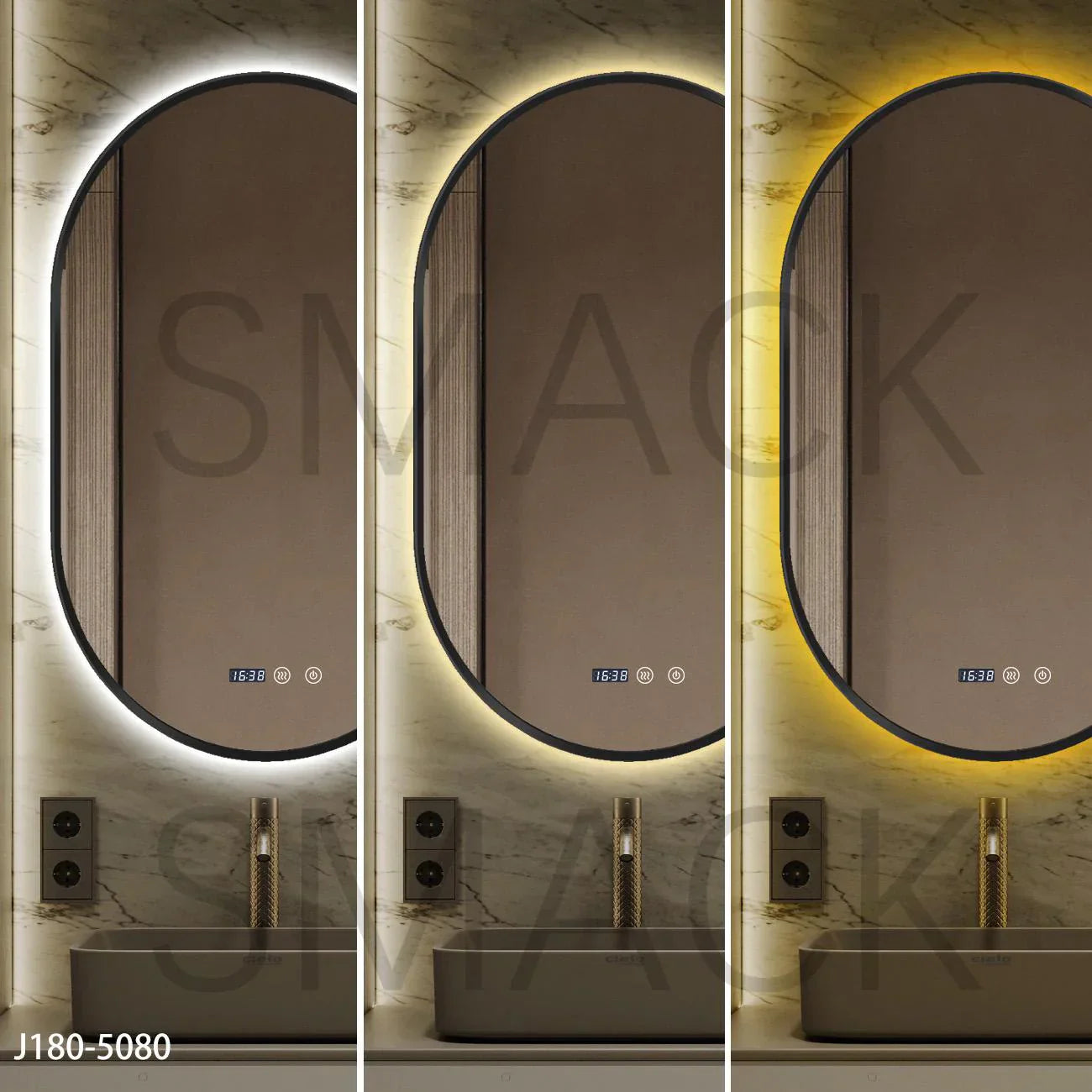 Oglinda LED Ovala 50x80cm Rama Neagra, 3 Lumini, Ceas, Dezaburire si Touch J180