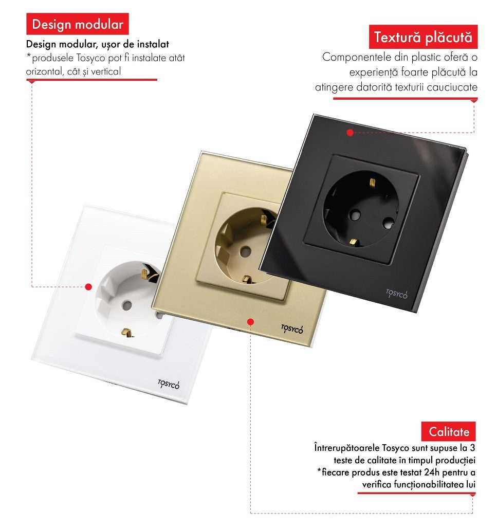 Priză Schuko dublă cu ramă din sticlă