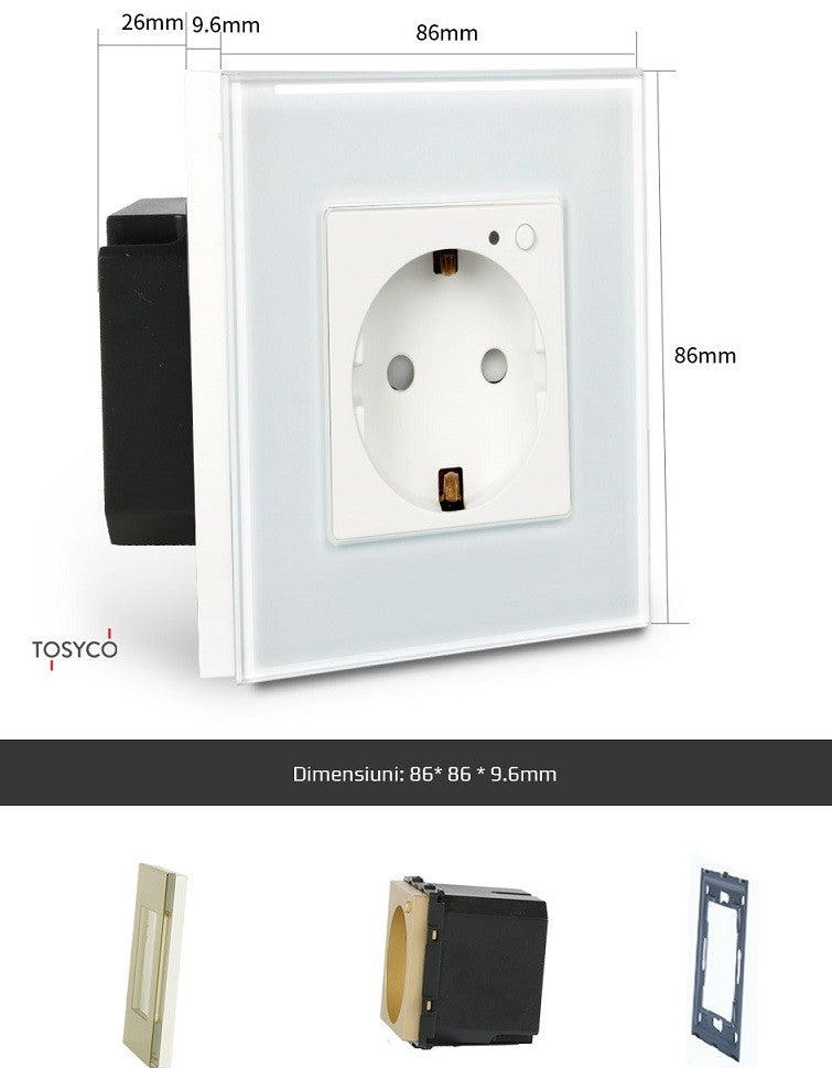 Priză schuko WIFI simplă cu ramă din sticlă