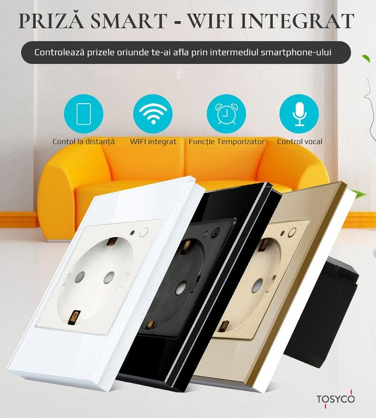 Priză schuko WIFI simplă cu ramă din sticlă