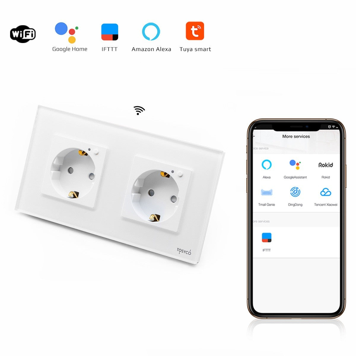 Priză schuko WIFI dublă cu ramă din sticlă