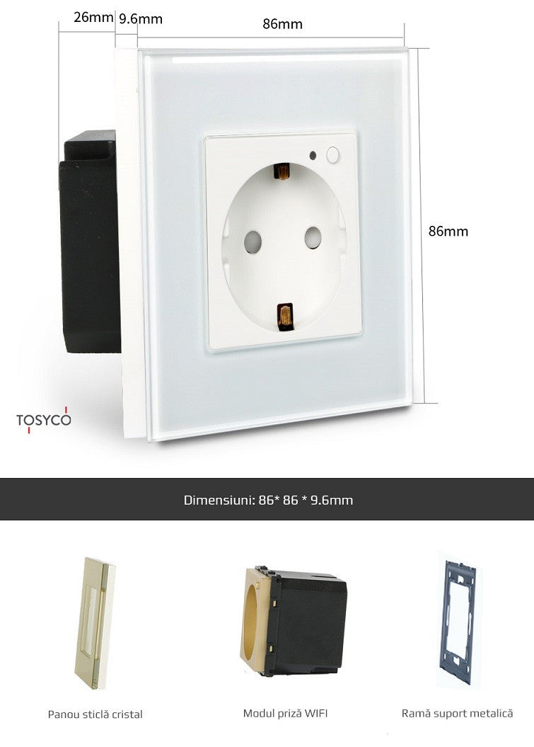 Priză schuko WIFI dublă cu ramă din sticlă