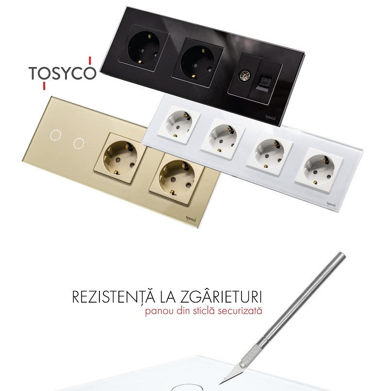 Priză Schuko triplă + TV + LAN cu ramă din sticlă