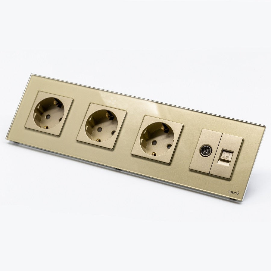 Priză Schuko triplă + TV + LAN cu ramă din sticlă