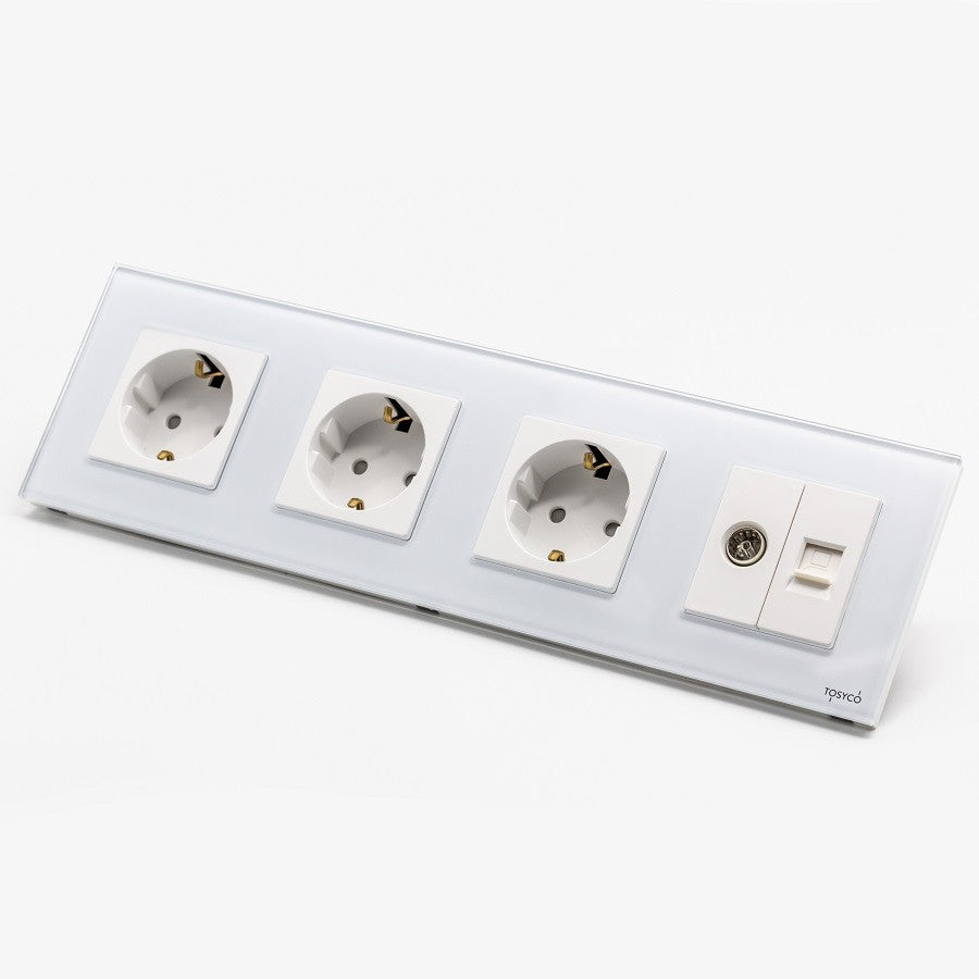 Priză Schuko triplă + TV + LAN cu ramă din sticlă