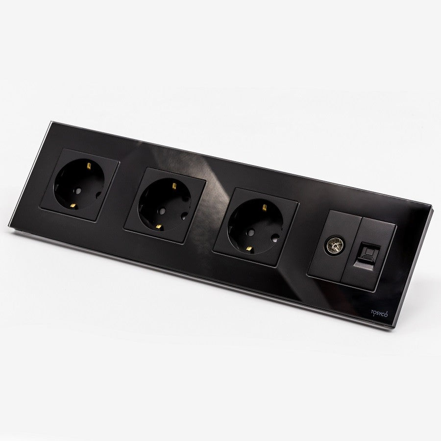 Priză Schuko triplă + TV + LAN cu ramă din sticlă