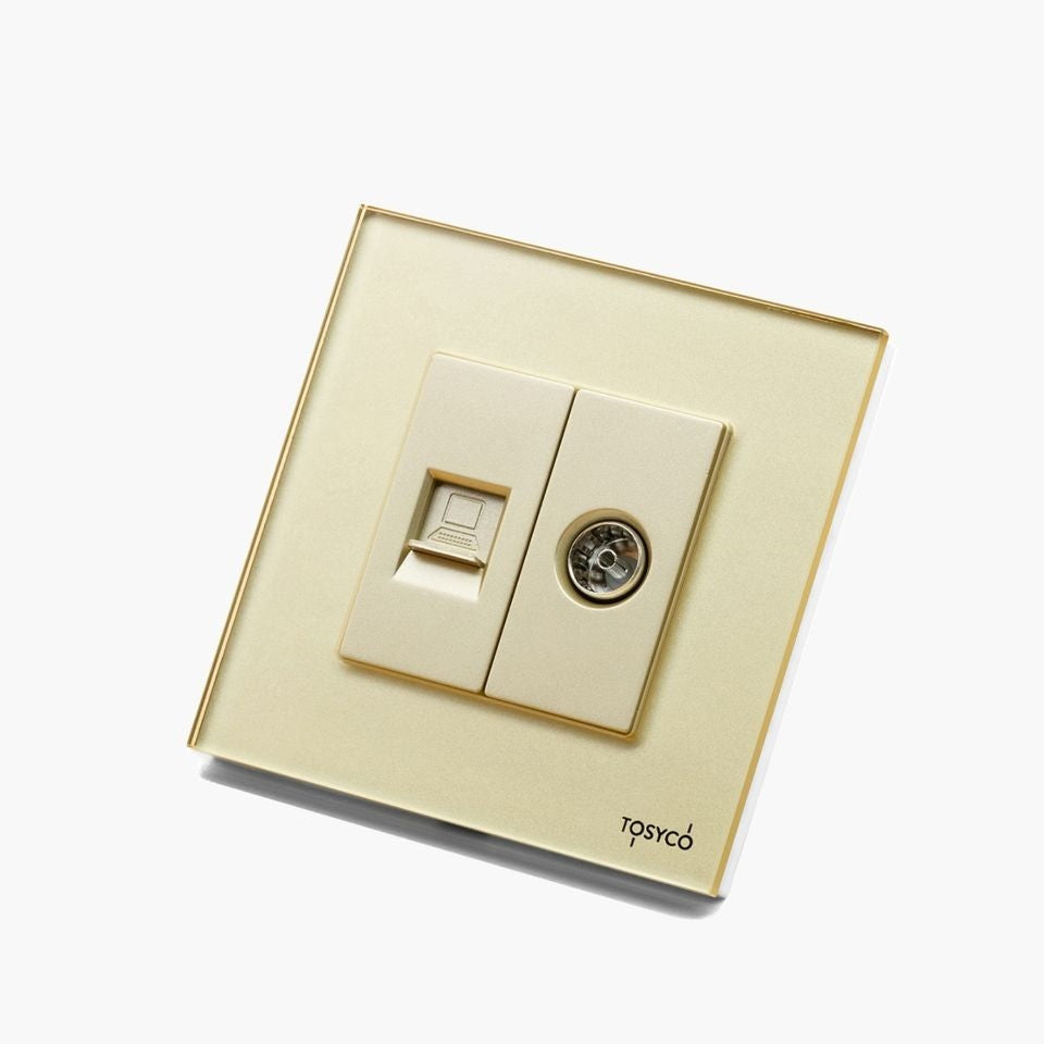 Priză dubla TV + LAN cu ramă din sticlă