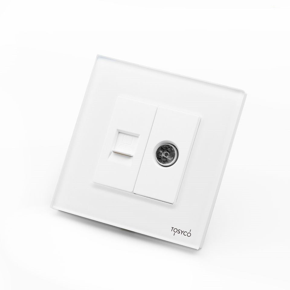 Priză dubla TV + LAN cu ramă din sticlă