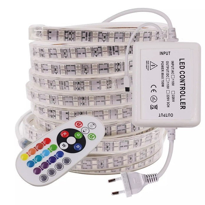 KIT COMPLET 20M - Banda LED 5050 2 Randuri SMD RGB 220V - 20W/ML