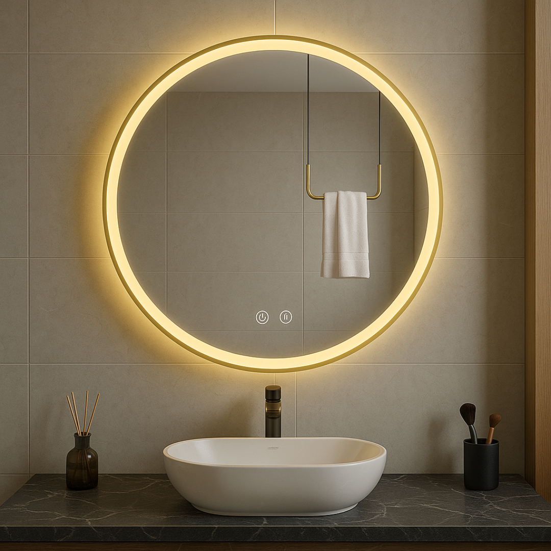 Oglinda LED Rotunda 60cm Aurie cu Touch Dezaburire si 3 Lumini