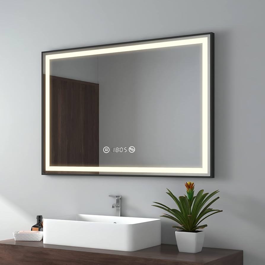 Oglinda LED 100x70cm Rama Neagra, Senzor, Dezaburire, 3 Lumini, Temperatura si Ceas W03