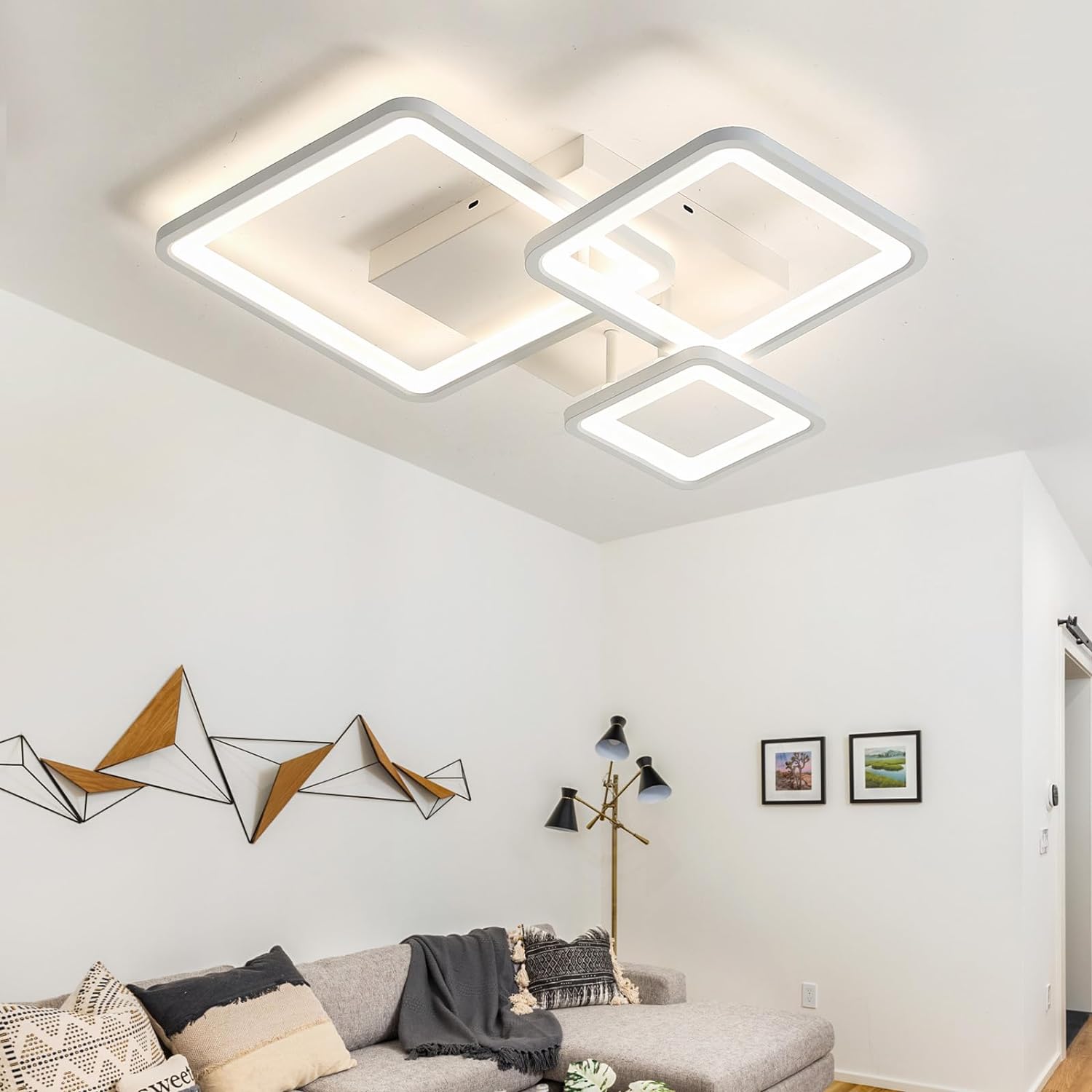 Lustra Led Three Square Alb Echivalent 400W Telecomanda Lighting Fixtures