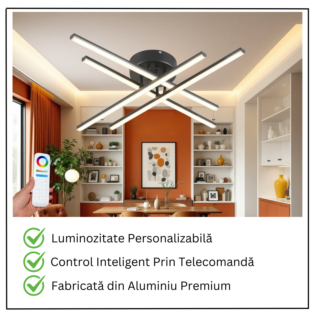 Lustra LED 64W X cu 4 Linii Negre Echivalent 500W cu Telecomanda