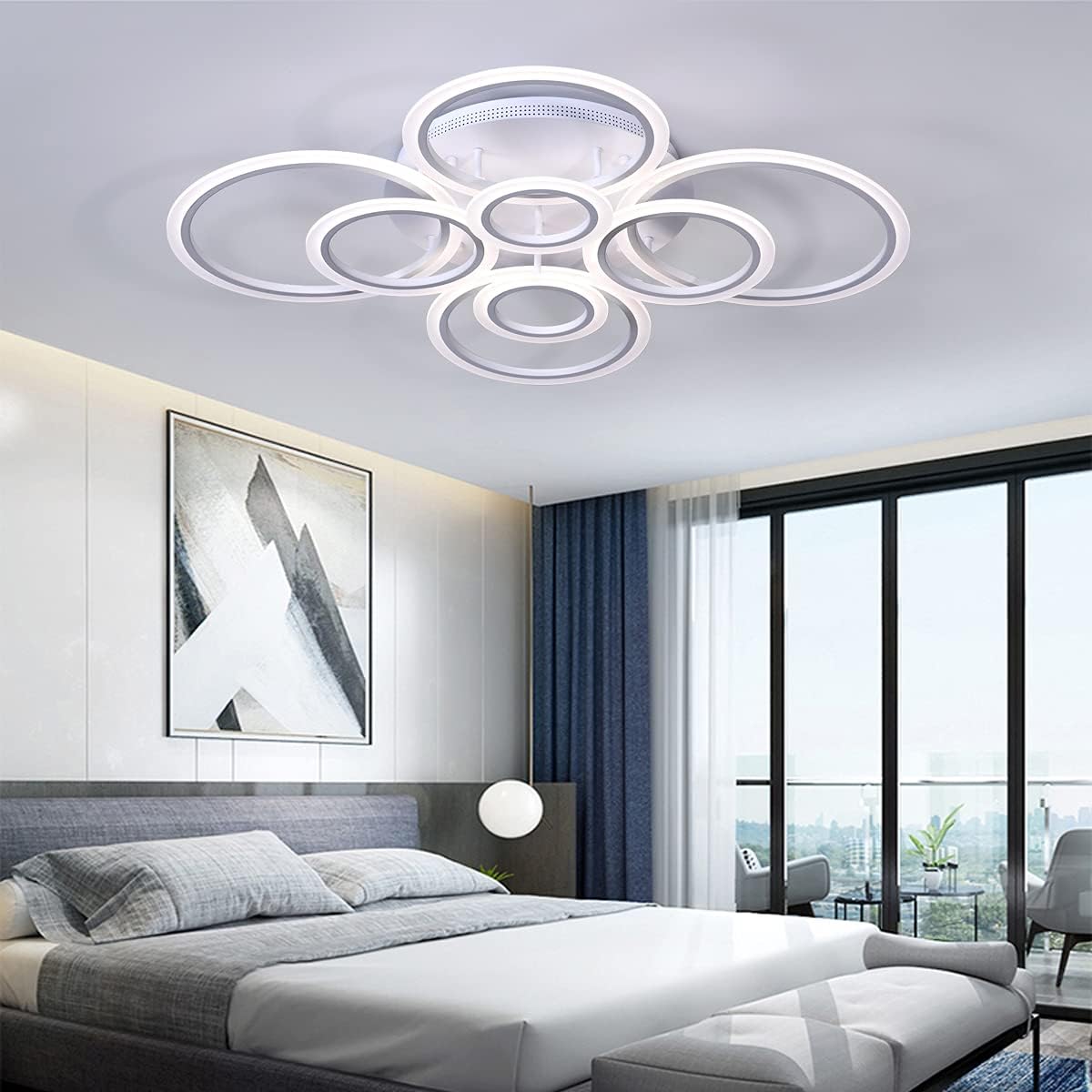 Lustra LED Circle 4+4 Gigant Alba Echivalent 1000W Telecomanda