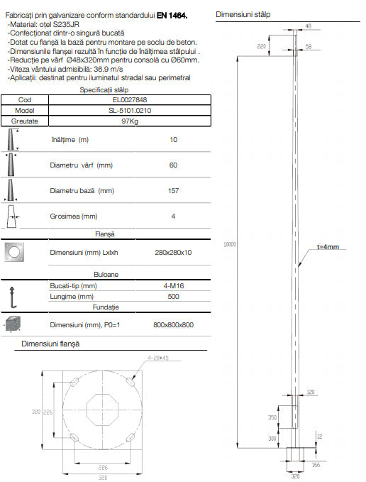 Stalp Iluminat Stradal Galvanizat Flansa 10 Metri