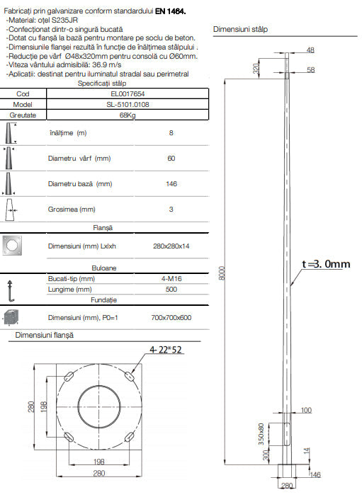 Stalp Iluminat Stradal Galvanizat Flansa 8 Metri