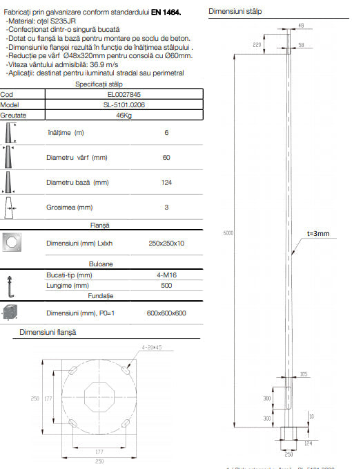 Stalp Iluminat Stradal Galvanizat Flansa 6 Metri
