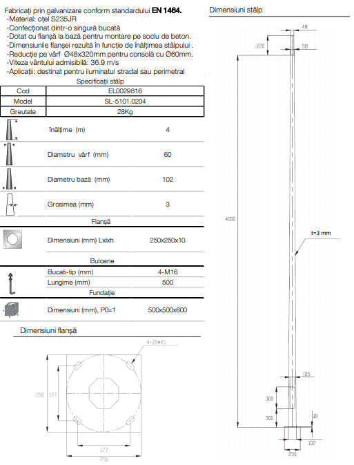 Stalp Iluminat Stradal Galvanizat Flansa 4 Metri
