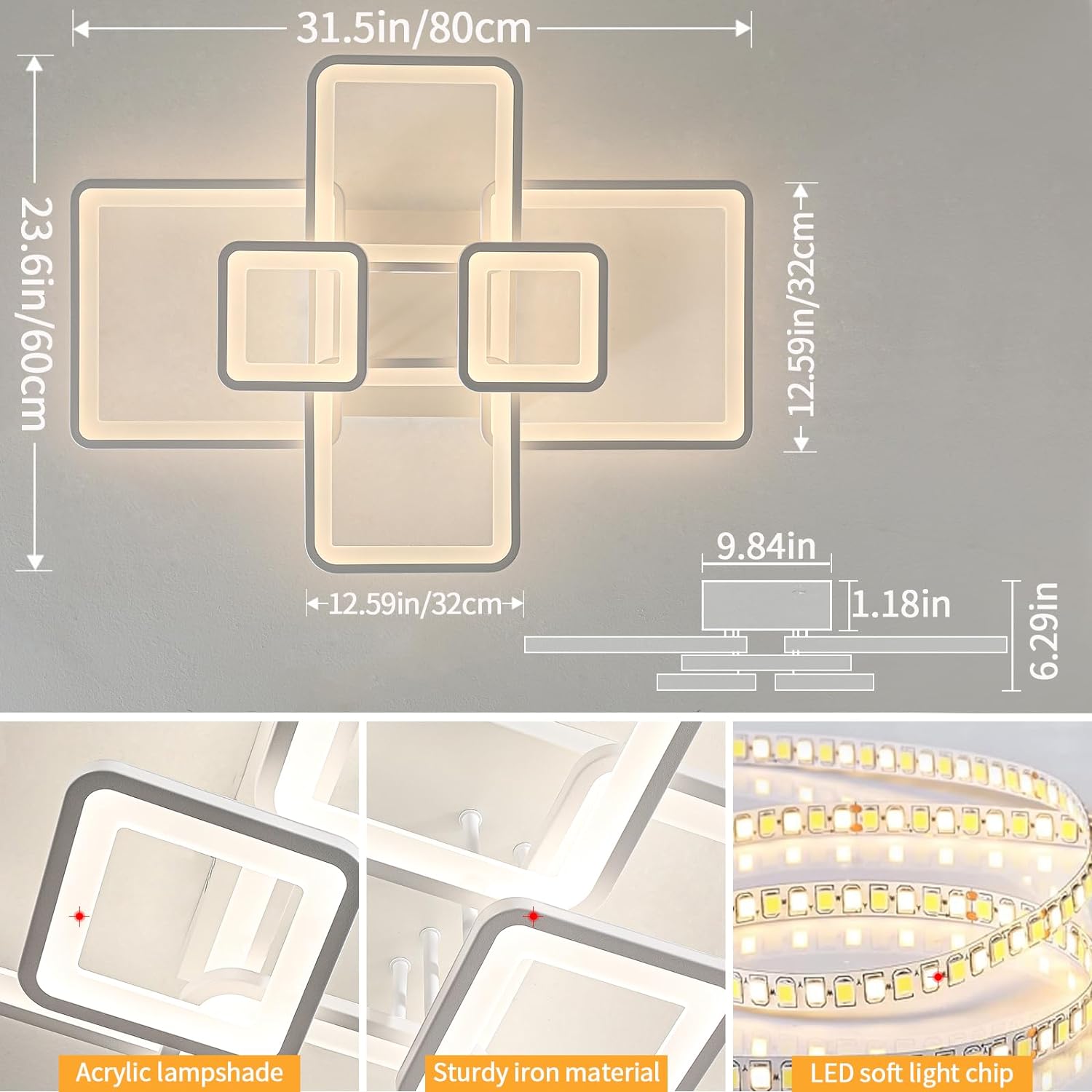 Lustra LED 4+2 SQUARE Alba cu Telecomanda Echivalent 800W