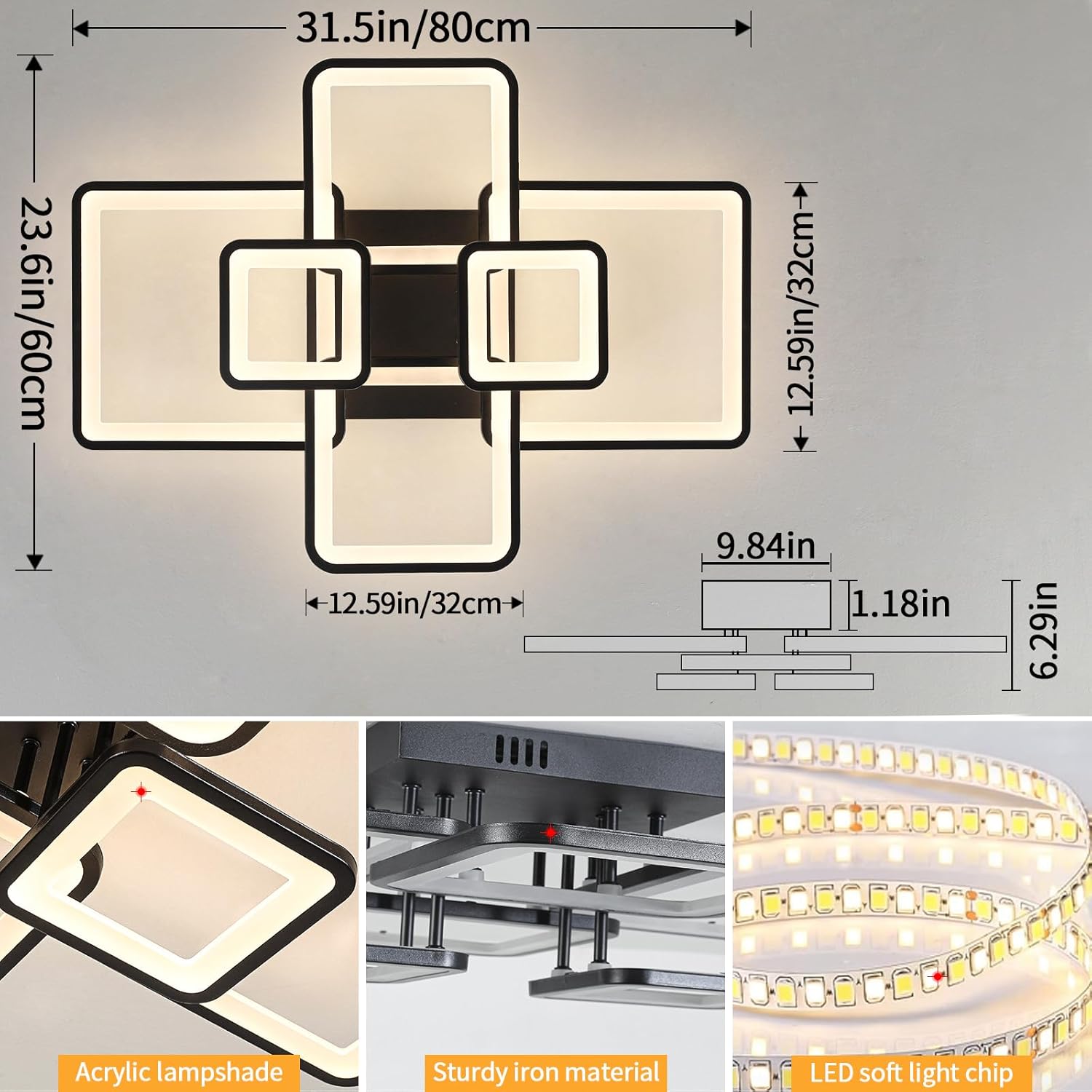 Lustra LED 4+2 SQUARE Black Telecomanda Echivalent 800W
