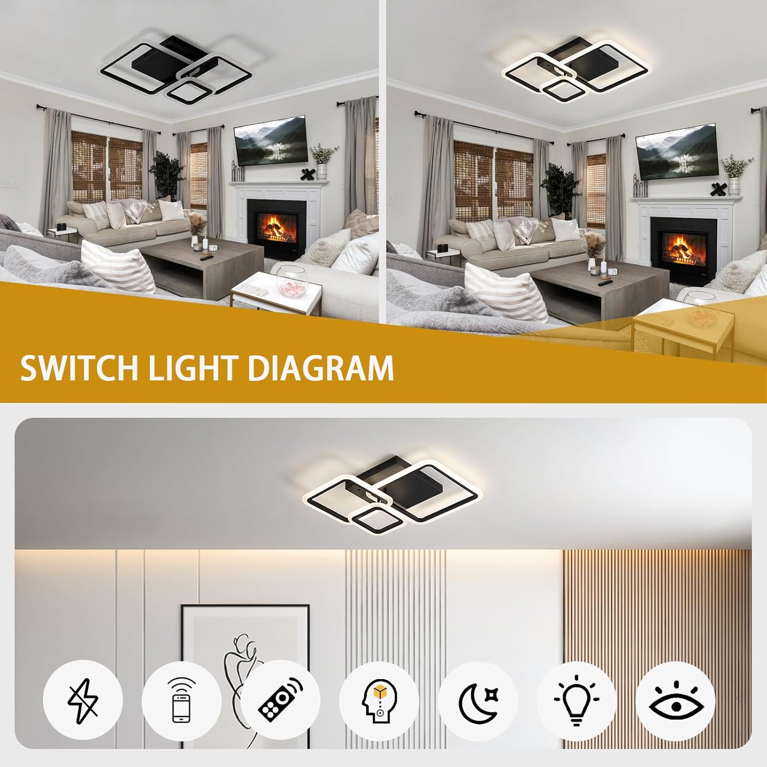 Lustra LED 88W Three Square Black SMART Echivalent 400W Telecomanda
