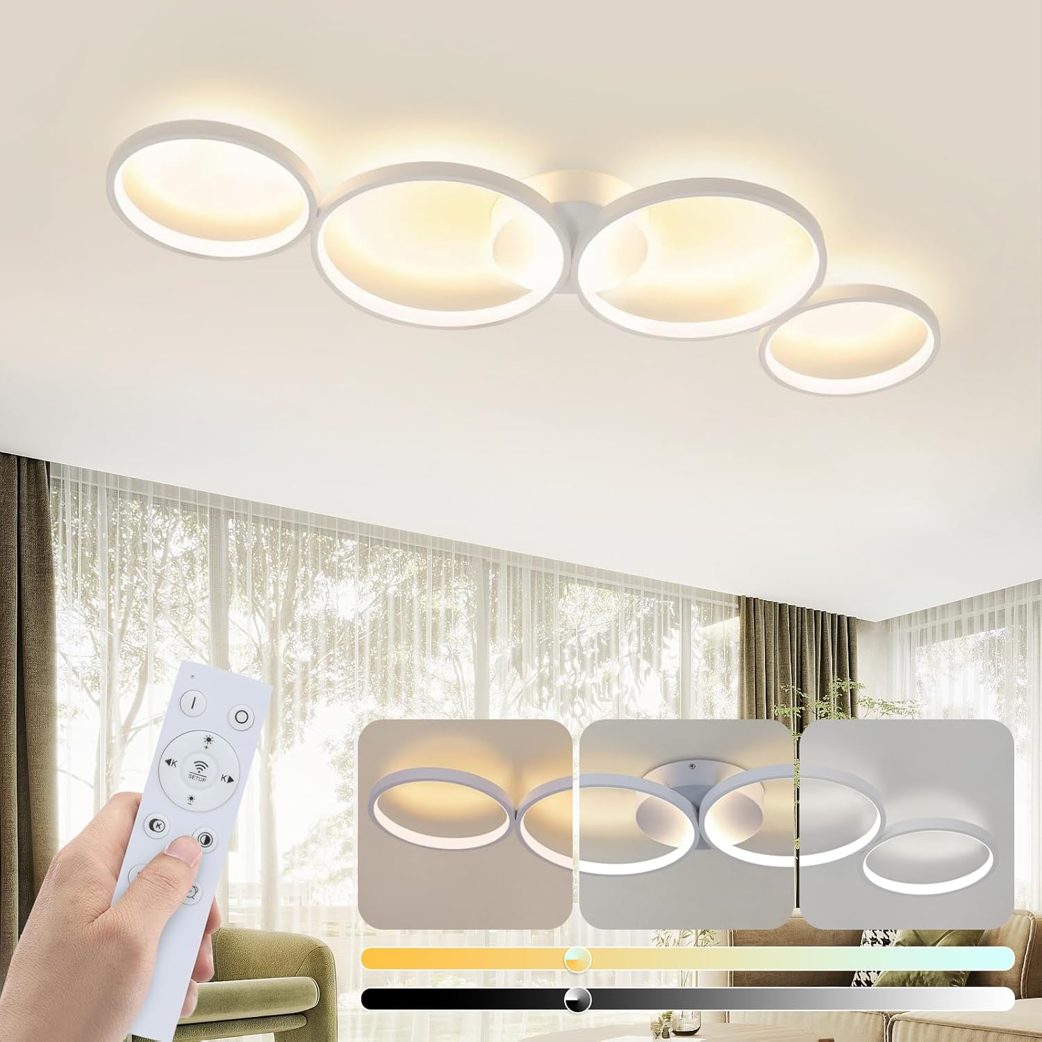 Lustra LED Modern White 4 Rings Echivalent 600W Telecomanda