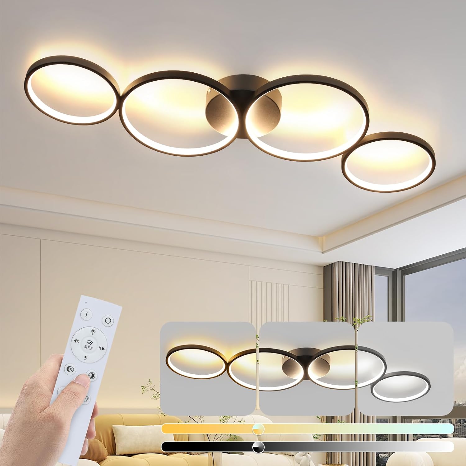 Lustra LED Modern Black 4 Rings Echivalent 600W Telecomanda