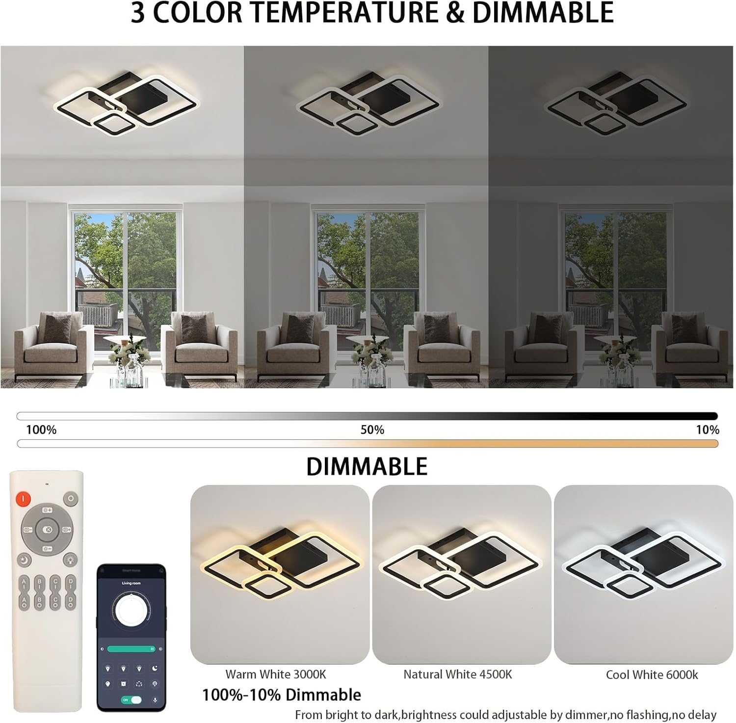 Lustra LED 88W Three Square Black SMART Echivalent 400W Telecomanda