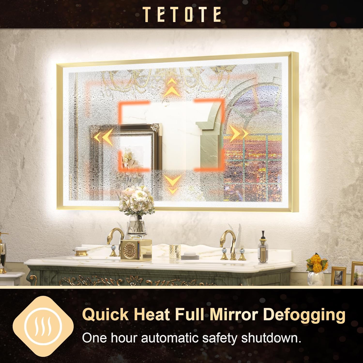 Oglinda LED 100x65cm cu Rama Aurie Functie Dezaburire Touch si Ceas J21