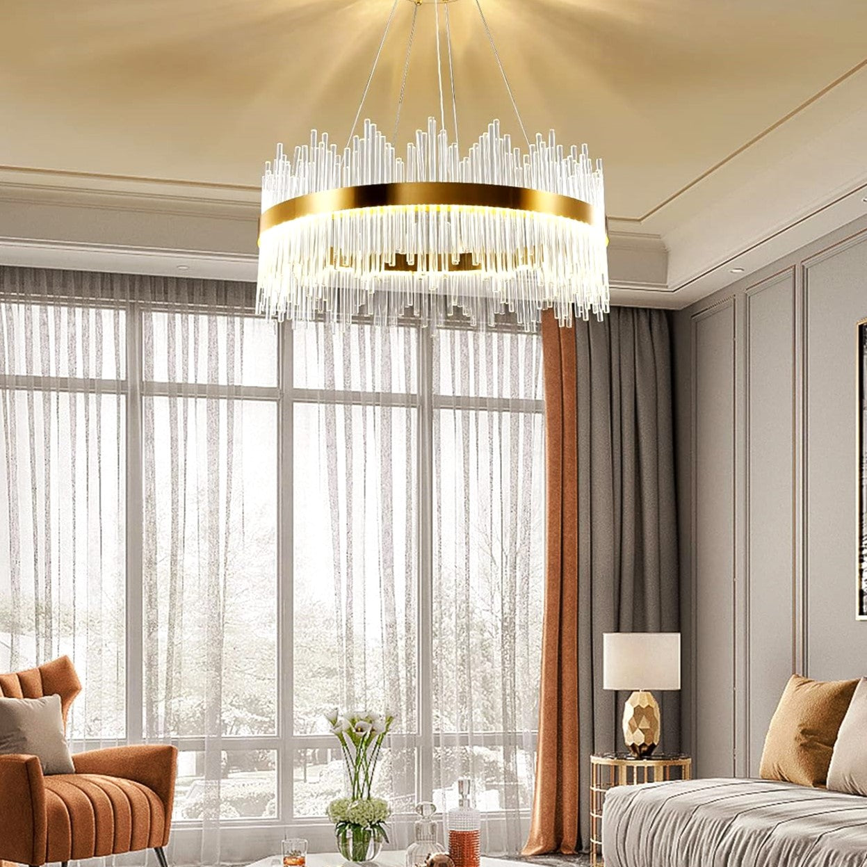 Lustra LED Suspendata CROWN Gold Cristal 60cm Echivalent 500W