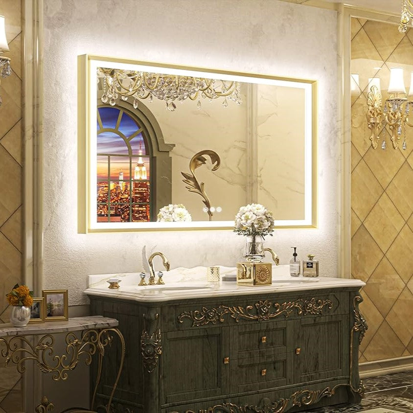 Oglinda LED 100x65cm cu Rama Aurie Functie Dezaburire Touch si Ceas J21