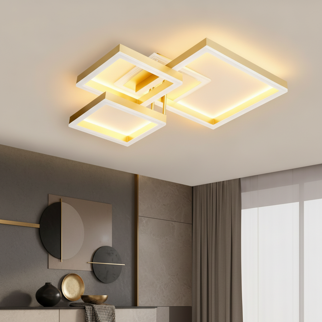 Lustra LED KENO 3 SQUARES Gold 3 Functii Echivalent 400W Telecomanda
