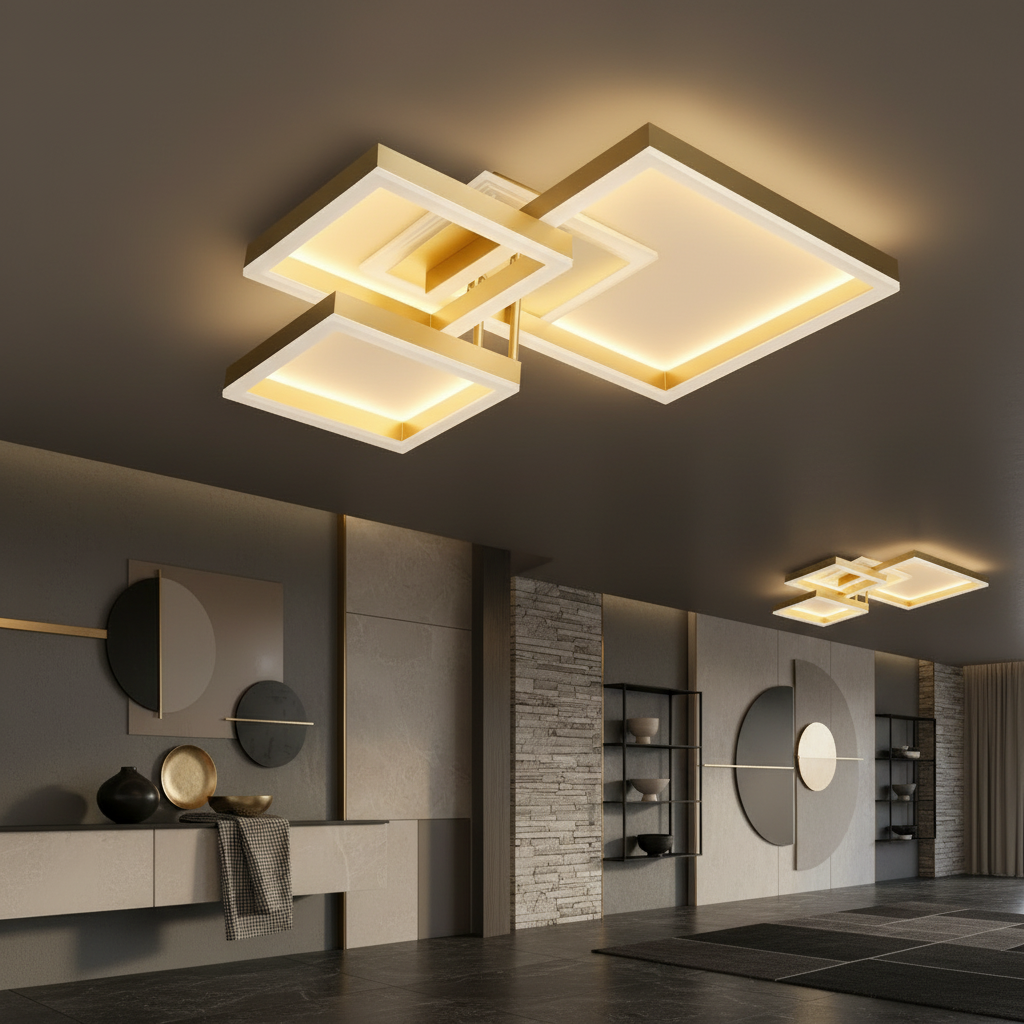 Lustra LED KENO 3 SQUARES Gold 3 Functii Echivalent 400W Telecomanda