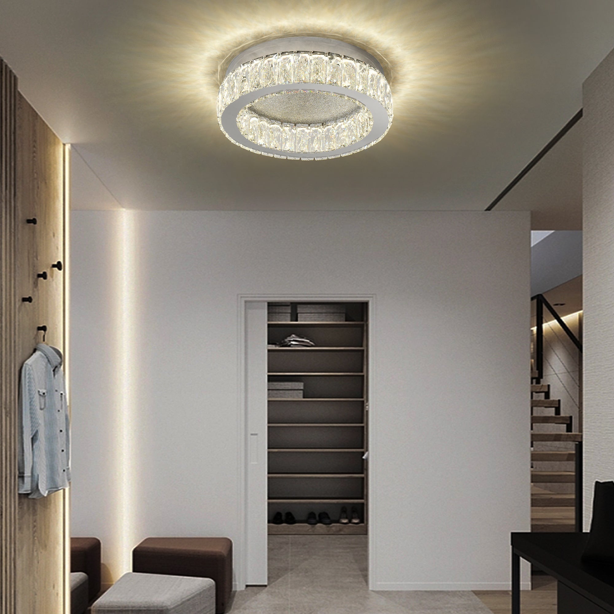 Lustra LED Argintie Glamour Round CRISTAL Telecomanda
