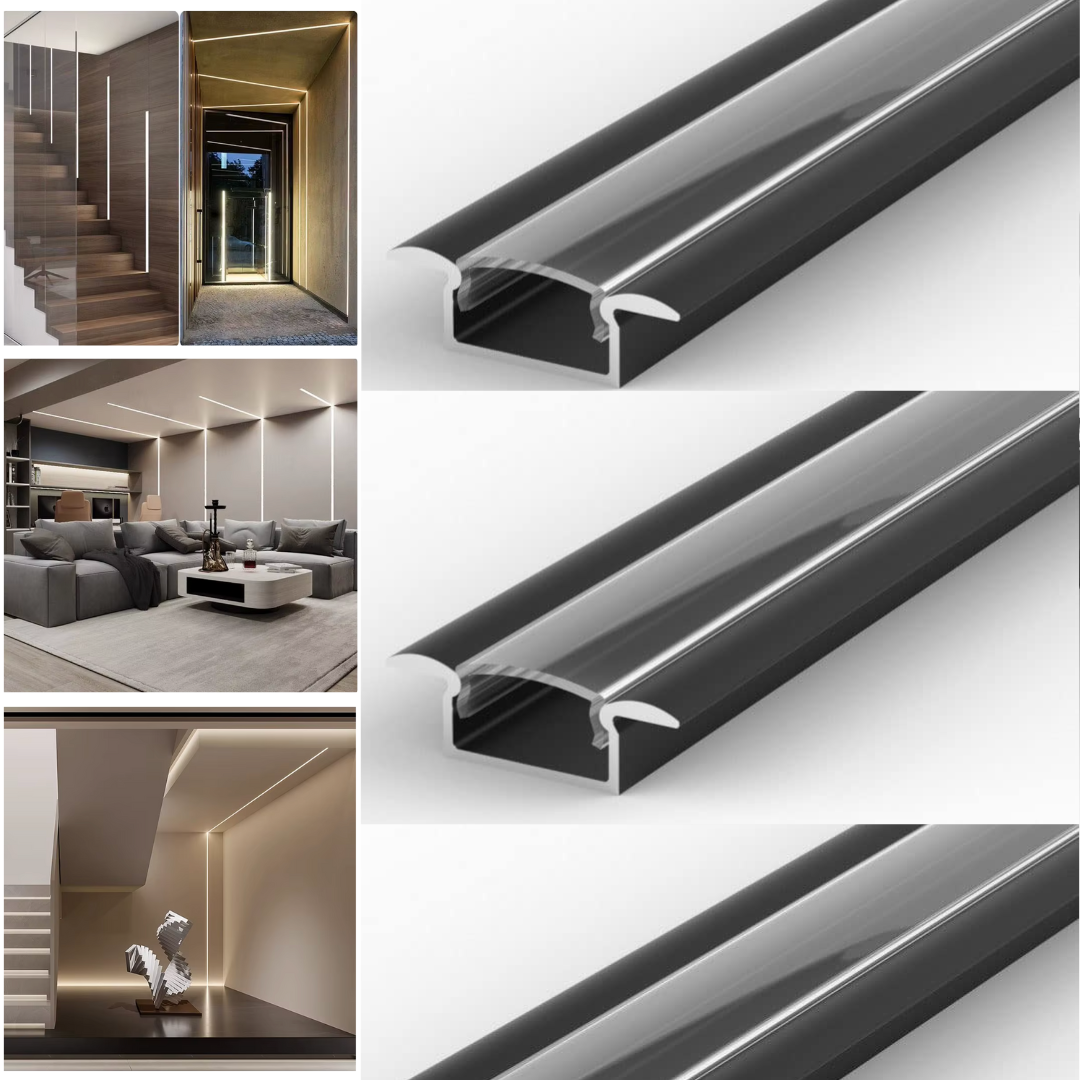 Profil Banda LED Incastrabil Negru Plat XL cu Dispersor Negru 2M