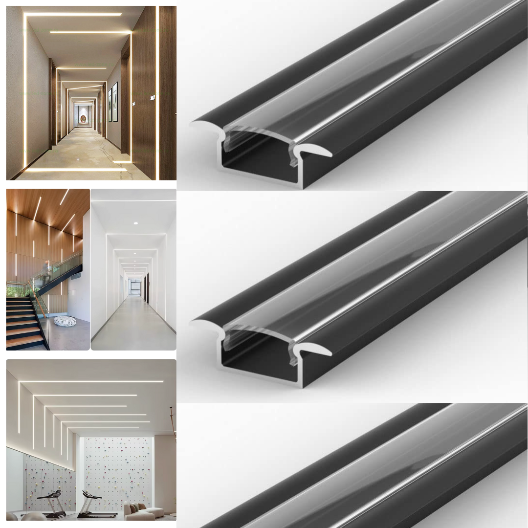 Profil Banda LED Incastrabil Negru Plat XL cu Dispersor Negru 2M