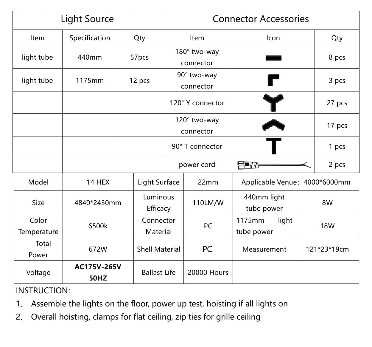 HoneyComb LED 14 Hexagoane Luminoase Cu Rama 672W 484 X 243 CM