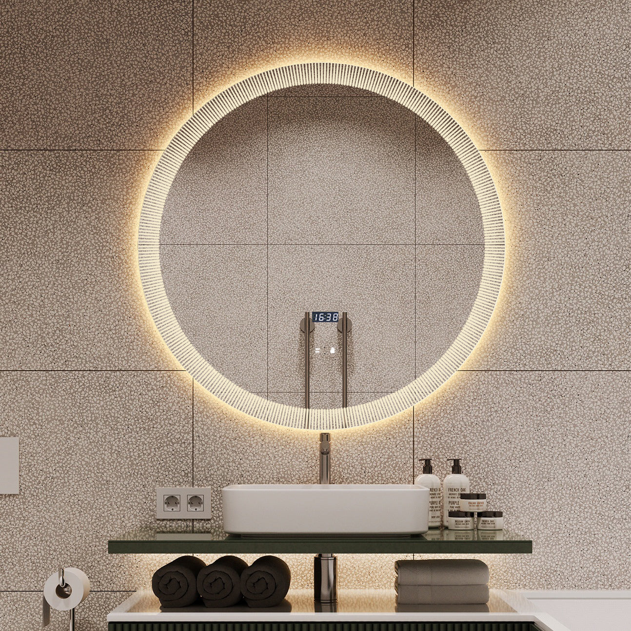 Oglinda LED Rotunda cu Ceas Ø70cm Functie Dezaburire si Touch